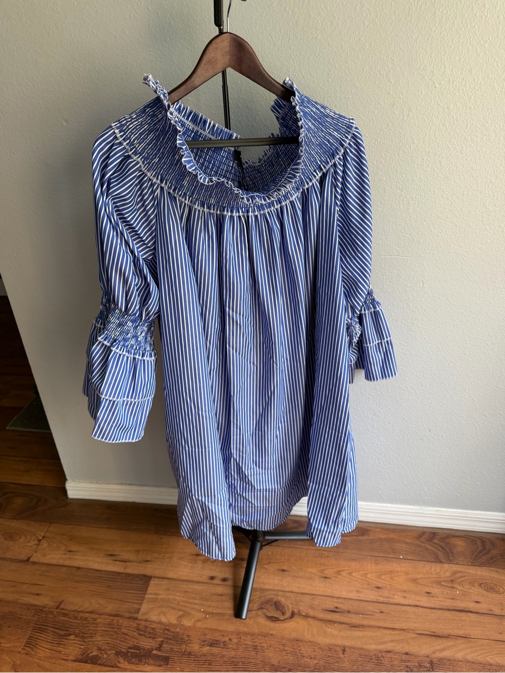 Ashley Stewart Blue and White Striped Smocked Neck Dress